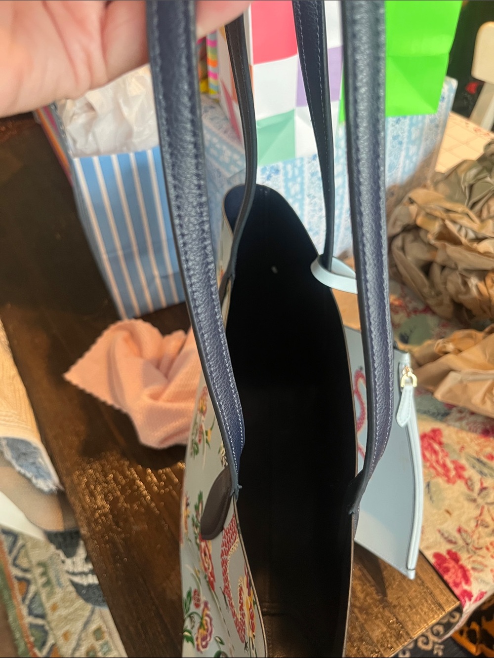 kate spade Light Blue Dragon & Floral Tote with Navy Straps-Reversible! - Picture 9 of 10